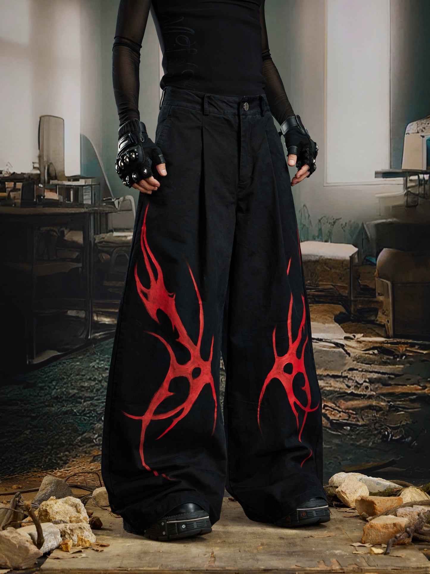 Paint Graffiti Pleats Washed Wide Leg Denim Jeans WN21379