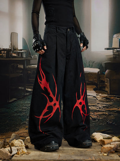 Paint Graffiti Pleats Washed Wide Leg Denim Jeans WN21379