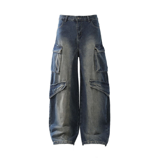 Heavy Washed Wide-Leg Cargo Denim JeansWN12721