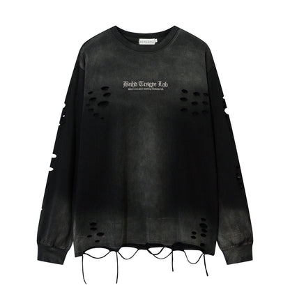 Damage Washed Gradient Letter Embroidery Oversize Long Sleeve T-Shirt WN11120