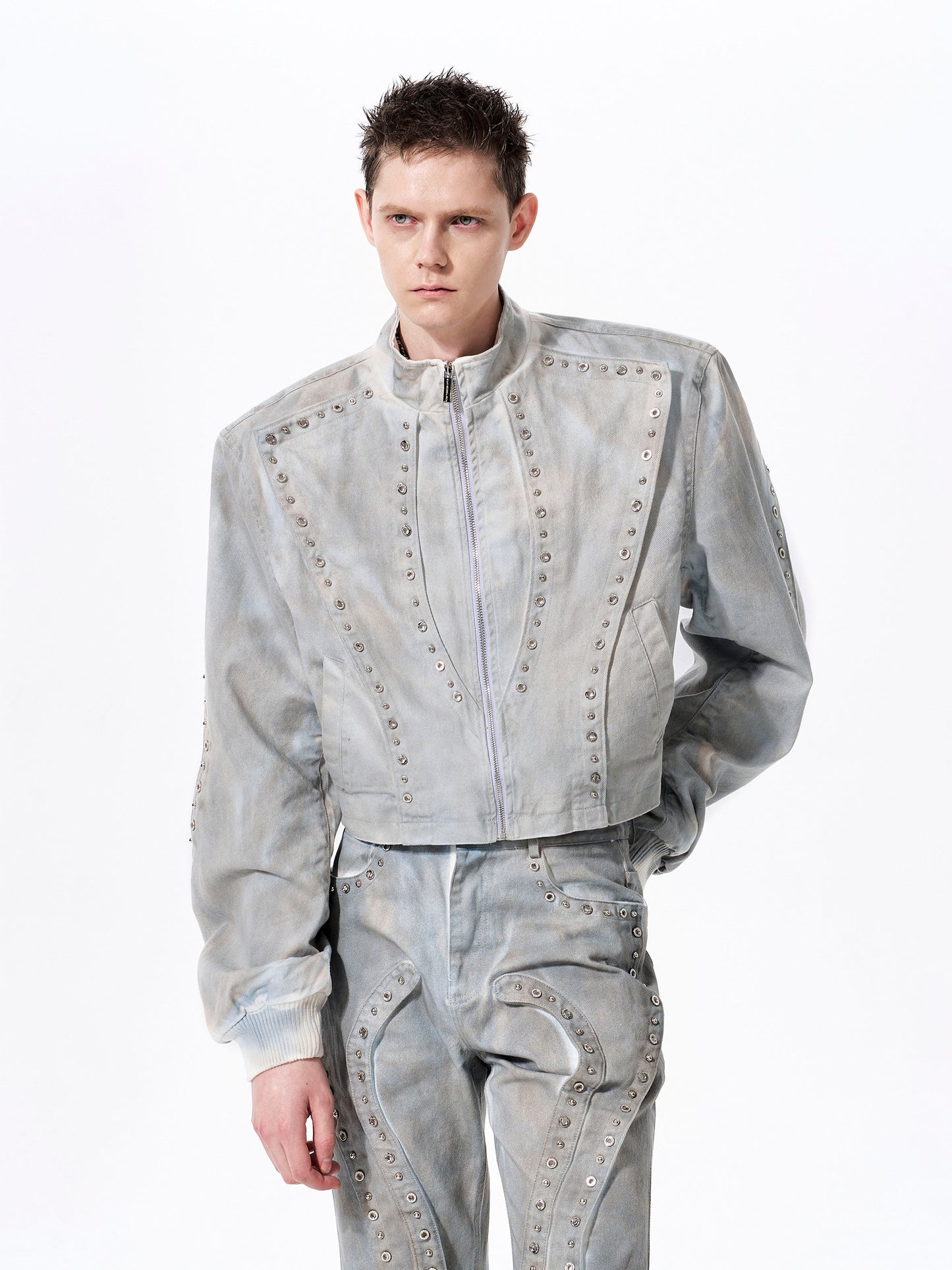 Deconstructed Paint Damage Stand Neck Short Denim Jacket & Denim Jeans Setup WN23280