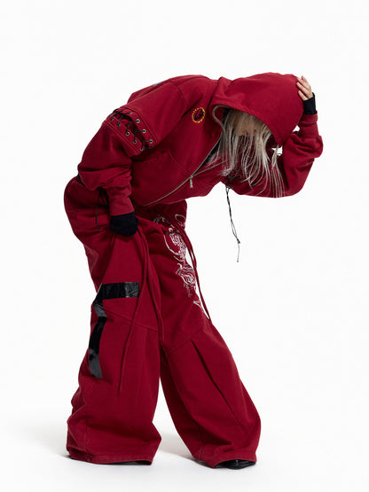 Stud Embroidery Zipper Hoodie & Cargo Wide Leg Pants Setup WN27439