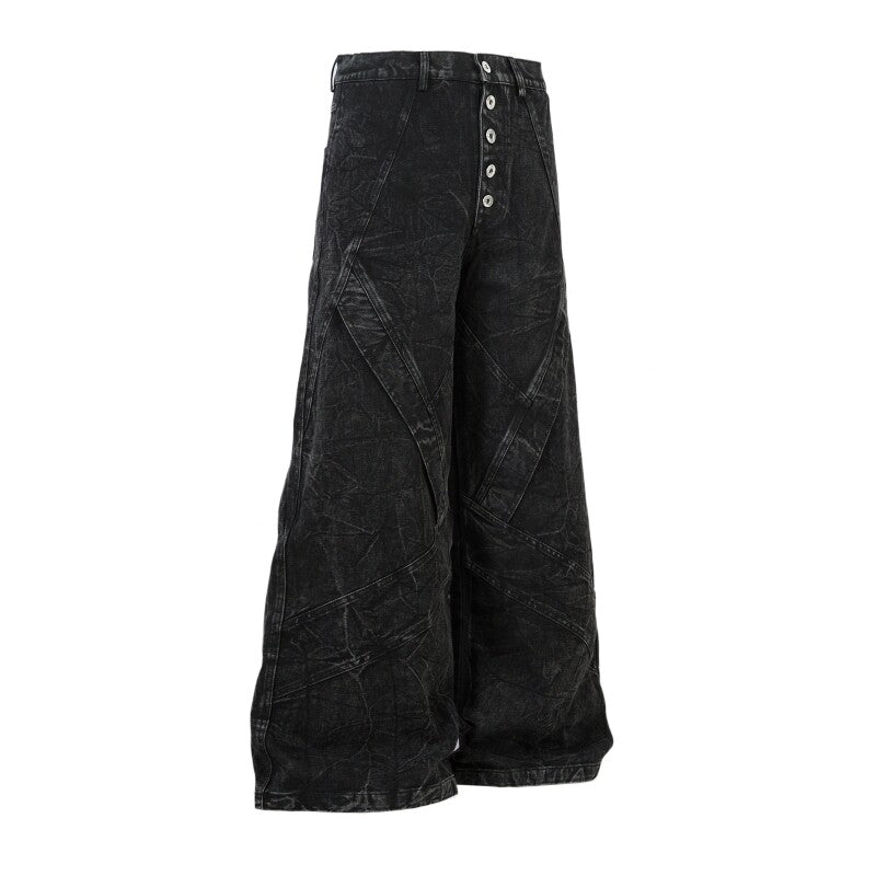 Cracked Wash Deconstructed Wide Leg Denim Jeans WN24278