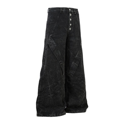 Cracked Wash Deconstructed Wide Leg Denim Jeans WN24278