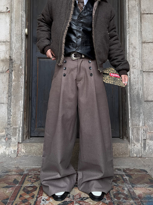 Pleats Striped Button Detail Wide Leg Trousers WN24386