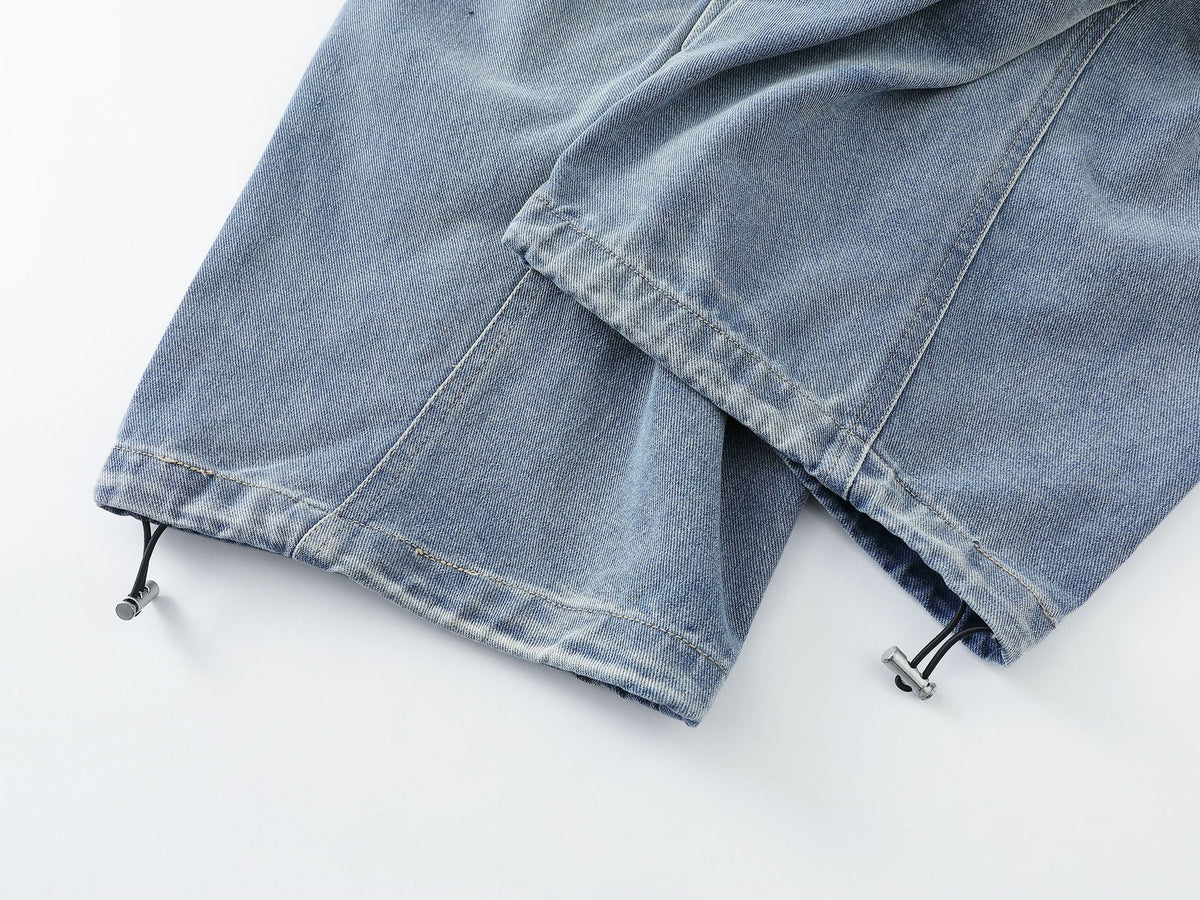 Pleated Dog Embroidery Detachable Dog Charm Wide Leg Denim Jeans WN26803