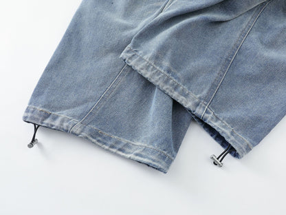 Pleated Dog Embroidery Detachable Dog Charm Wide Leg Denim Jeans WN26803