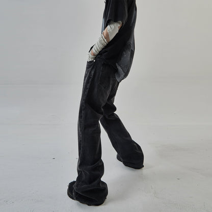 Black Washed Wide-leg Semi Flare Denim Jeans WN6328