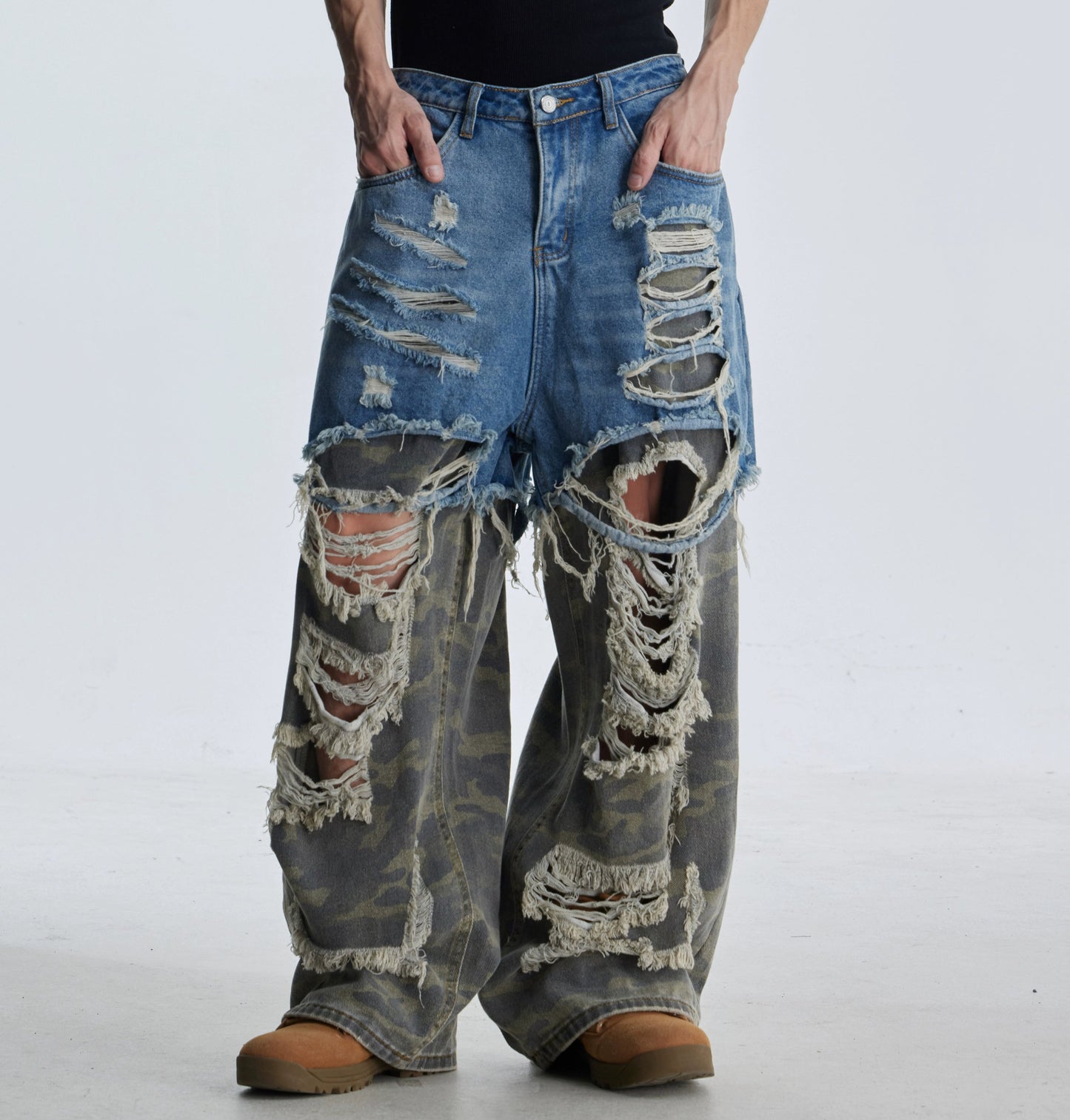 Splicing Fake Layered Damage Hole Wide Leg Denim Jeans WN21331