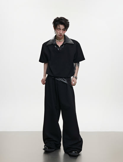 Glossy Double Collar Fake Layered Short Sleeve T-Shirt & Wide Leg Pants Setup WN18371