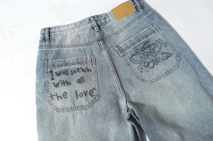 Washed Whisker Damage Wide Leg Denim Jeans WN26121