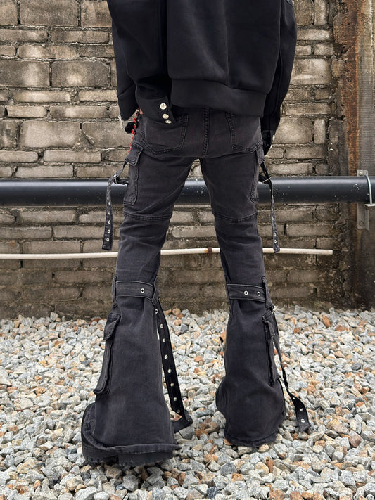 Strap Detail Washed Flare Denim Jeans WN22984