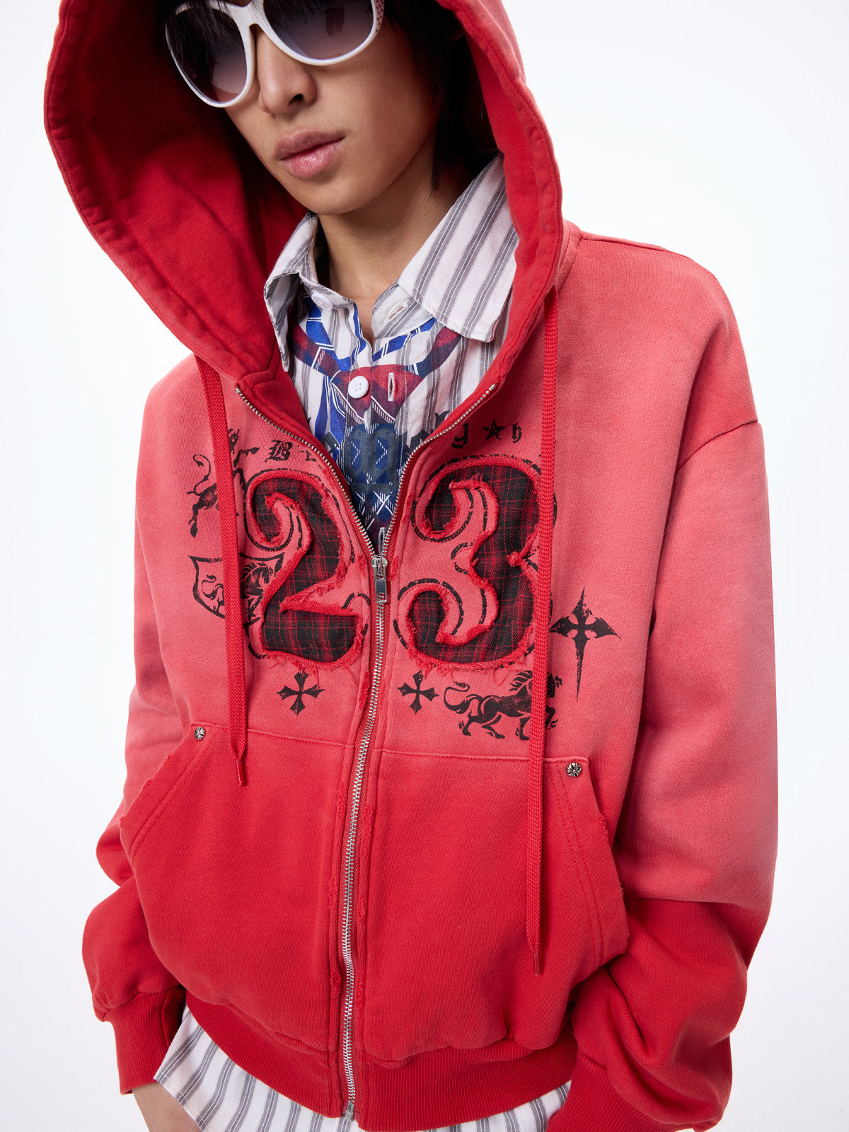 Washed Number Graphic Print Zipper Hoodie WN27261