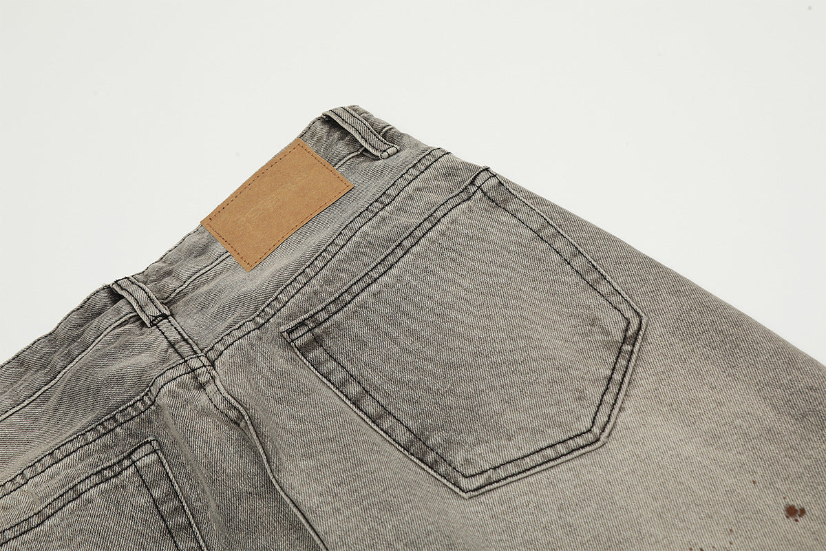 Washed Damage Straight Wide Leg Denim Jeans WN25672