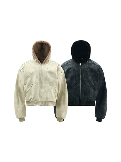 Fur Plush Hooded Suede Zipper Jacket WN22176