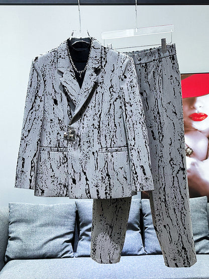 Splatter Print Metal Buckle Shoulder-pad Tailored Jacket & Straight Trousers Setup WN23965