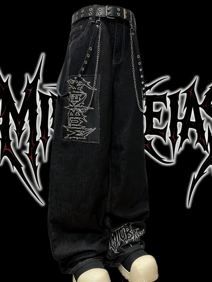 Graphic Letter Patchwork Wide Leg Denim Jeans & Belt & Chain WN20137