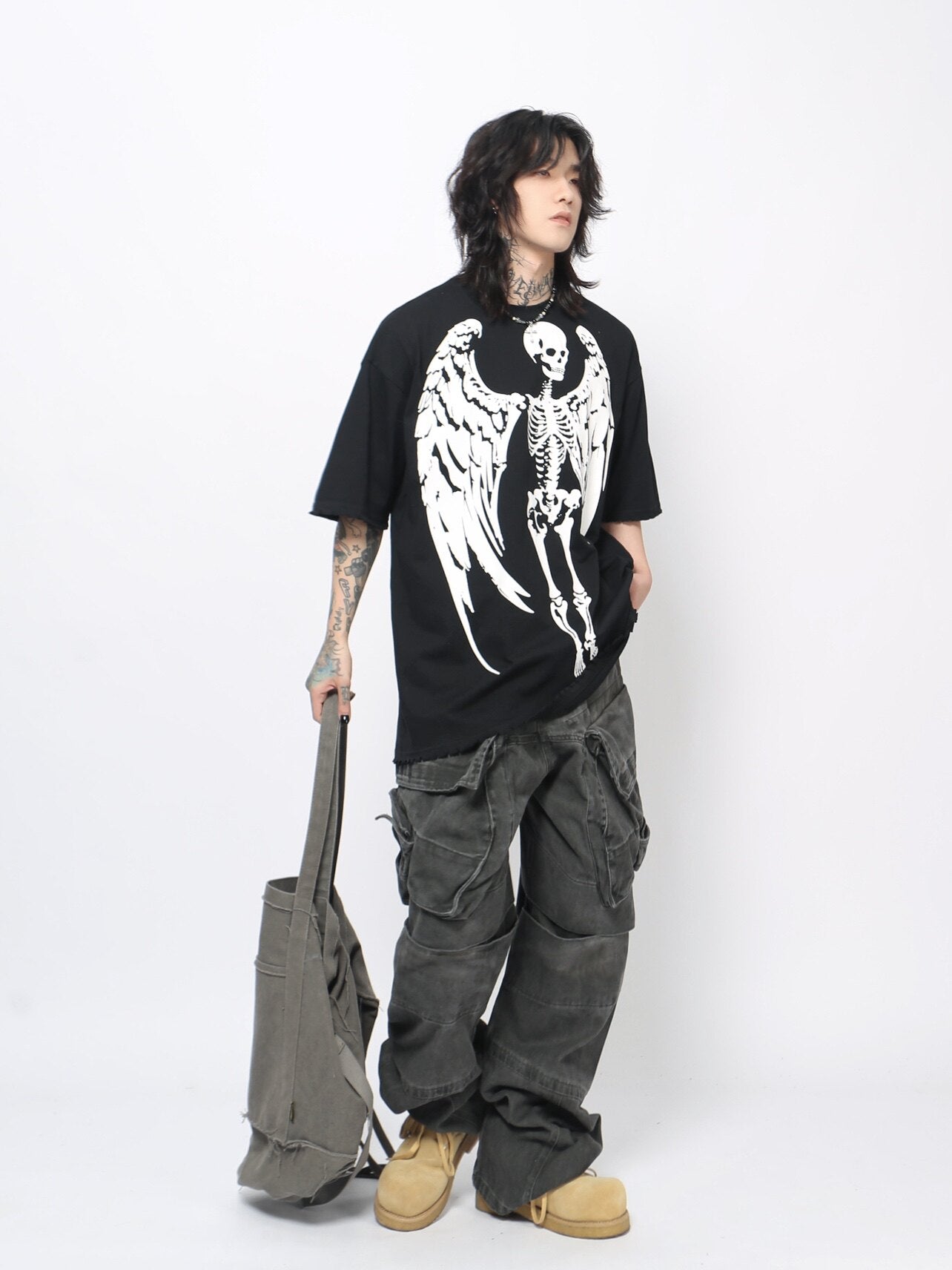 Skeleton Wing Print Oversize Short Sleeve T-Shirt WN24498