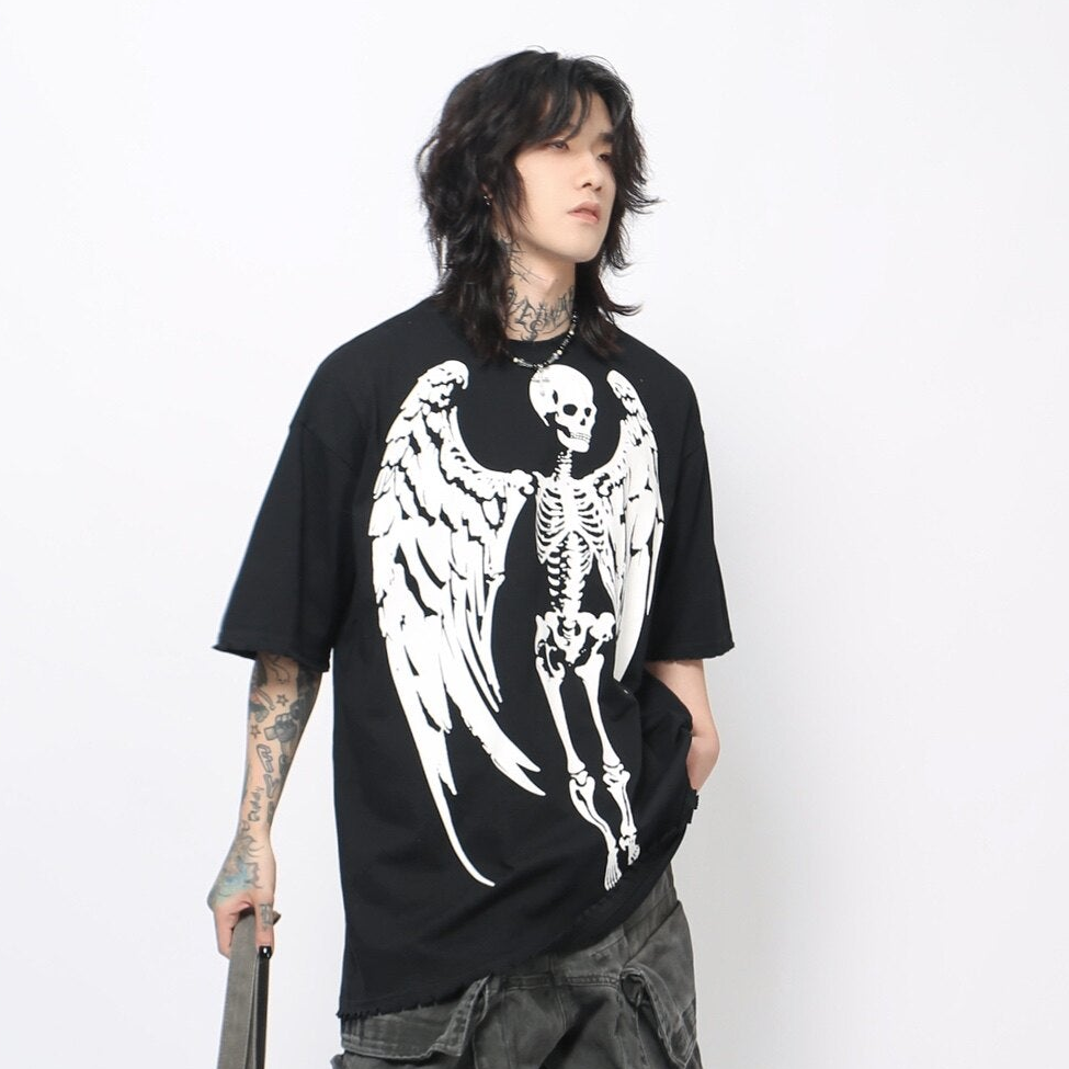 Skeleton Wing Print Oversize Short Sleeve T-Shirt WN24498