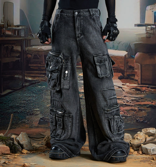 Multi-Pocket Washed Wide Leg Cargo Denim Jeans WN21341