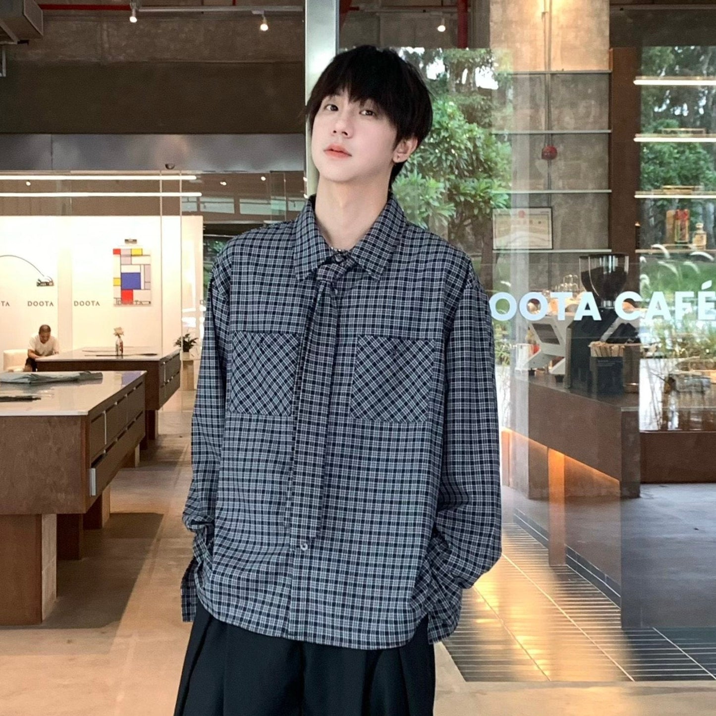 Detachable Tie Plaid Long Sleeve Shirt WN25374