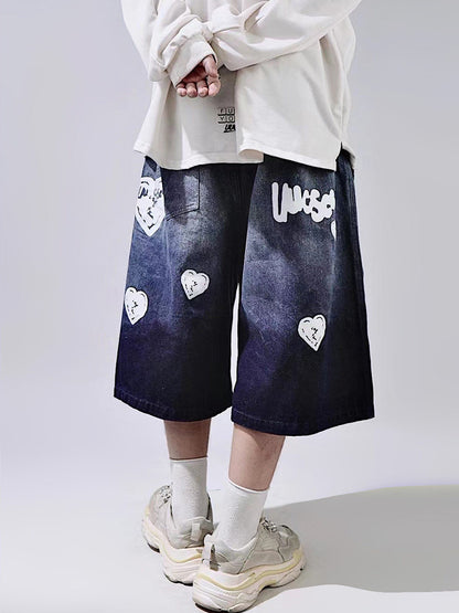 Heart Design Wide Leg Half Denim Jeans WN23997