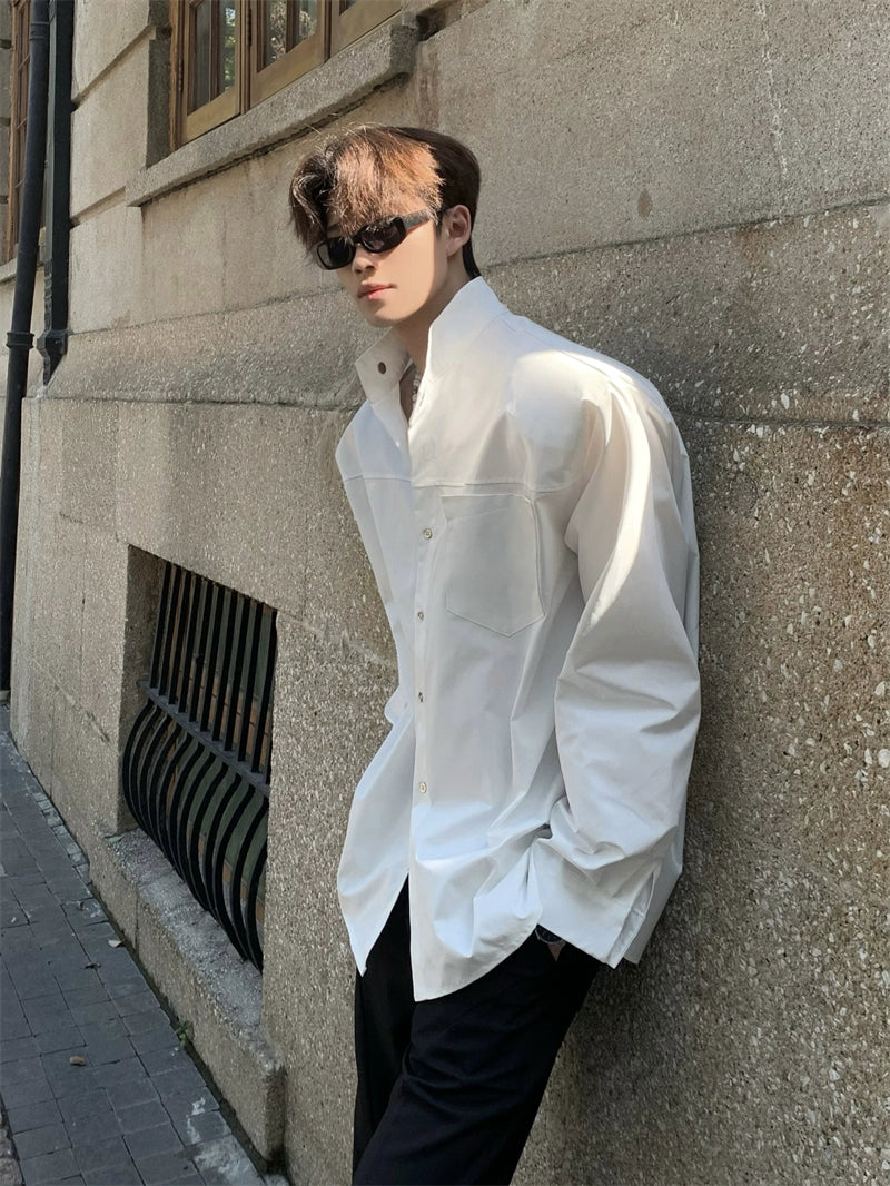 Shoulder-Pad Standing-Collar Long Sleeve Shirt WN20049