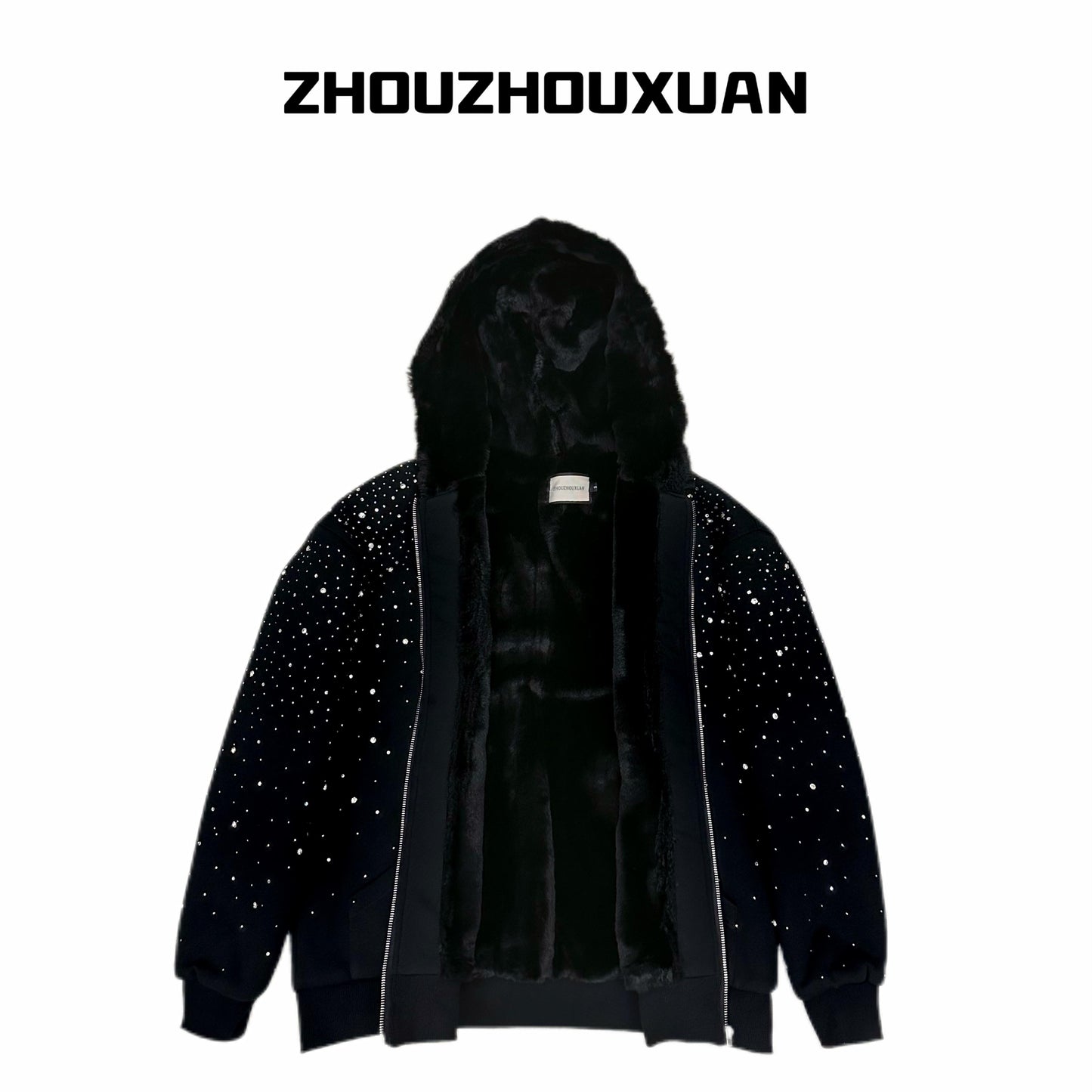 Rhinestone Fleece Lining Zipper Hooded Jacket WN20715