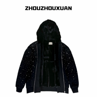 Rhinestone Fleece Lining Zipper Hooded Jacket WN20715