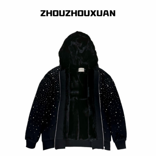 Rhinestone Fleece Lining Zipper Hooded Jacket WN20715