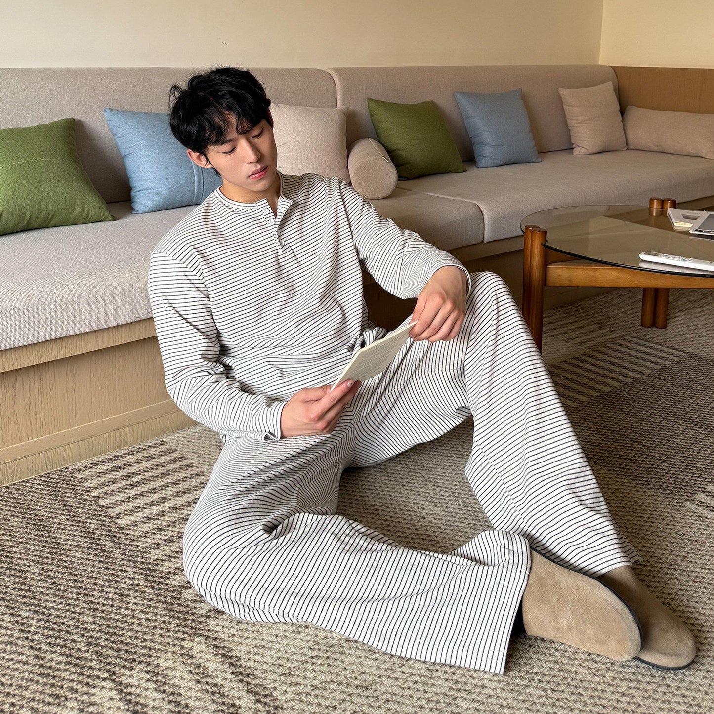 Stripe Henley Collar Long Sleeve T-Shirt & Elastic Waist Wide Leg Pants Setup WN24865