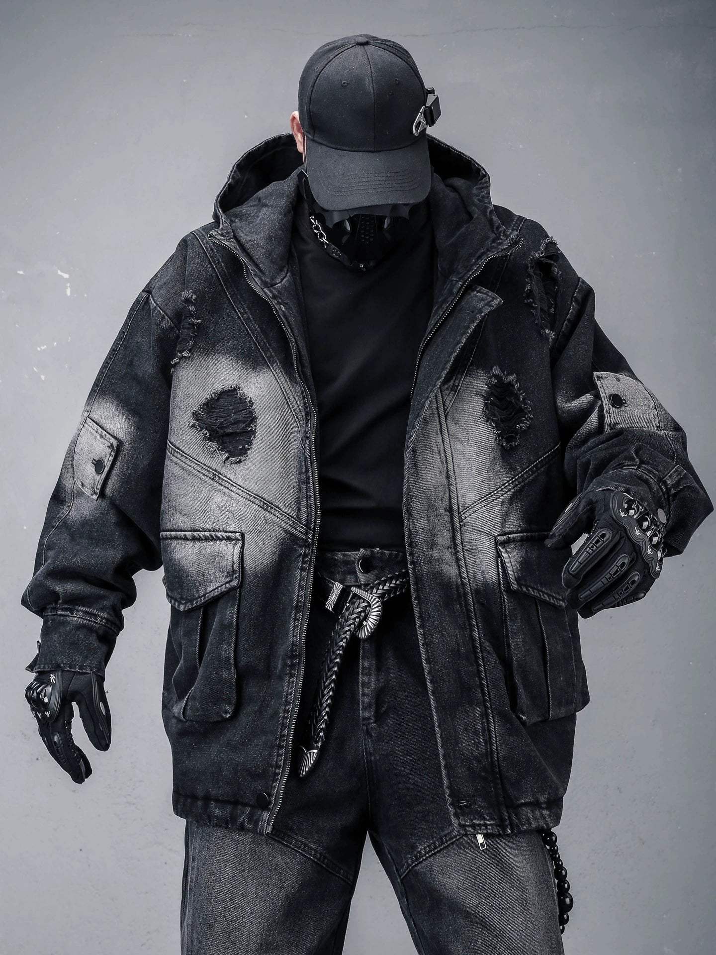 Heavy Wash Damage Hooded Denim Jacket WN22302