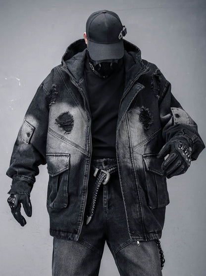 Heavy Wash Damage Hooded Denim Jacket WN22302