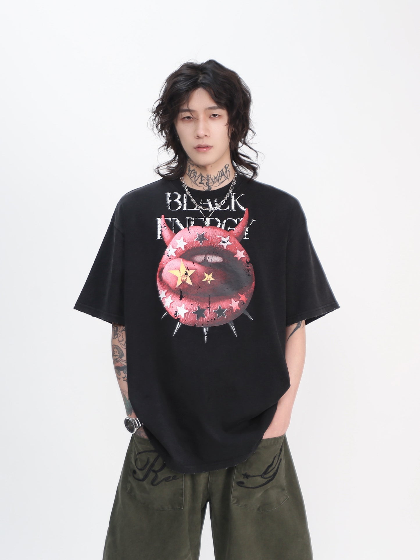 Washed Tongue Print Short Sleeve T-Shirt WN24452