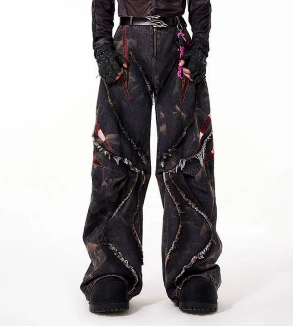 Frayed Panel Graphic Flare Denim Jeans WN27982