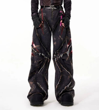 Frayed Panel Graphic Flare Denim Jeans WN27982