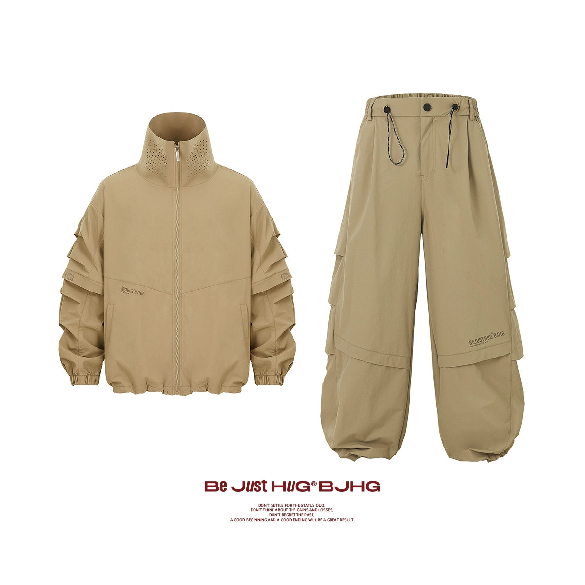 High-neck Detachable Sleeve Sporty Jacket & Wide Leg Sporty Cargo Pants Setup WN9716