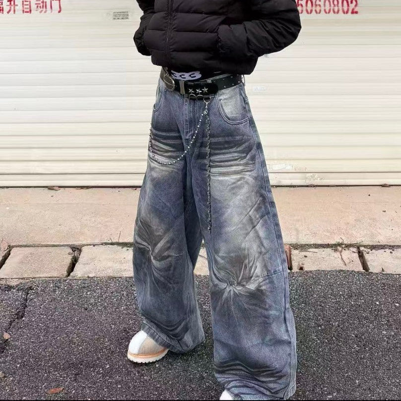 Crackle Washed Wide Leg Denim Jeans WN27840