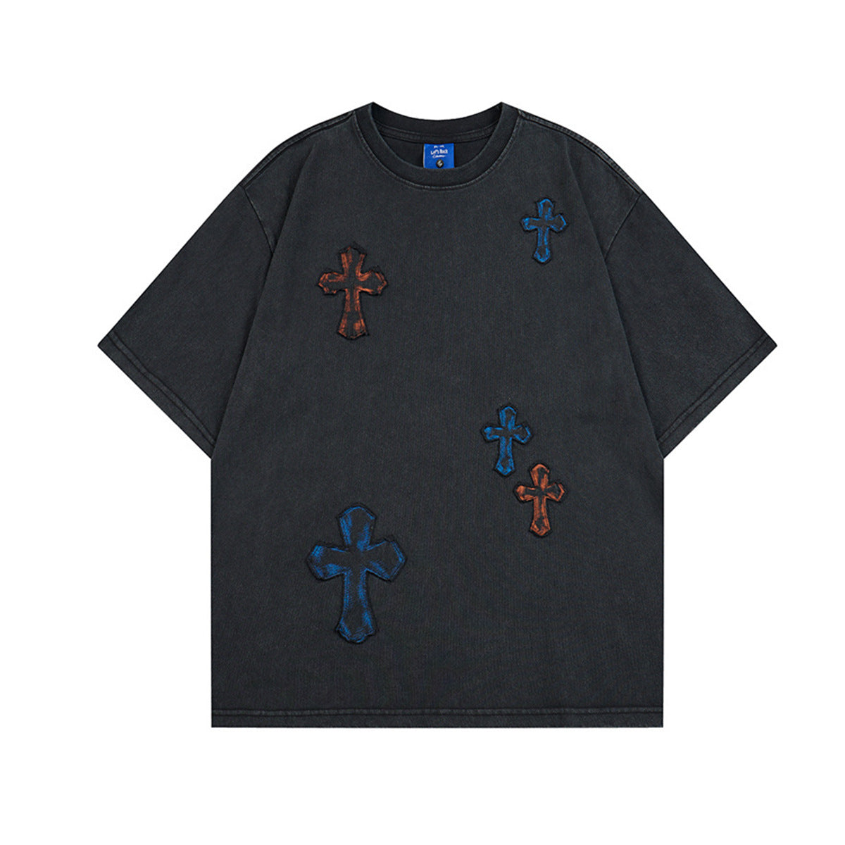 Washed Cross Applique Short Sleeve T-Shirt WN25439