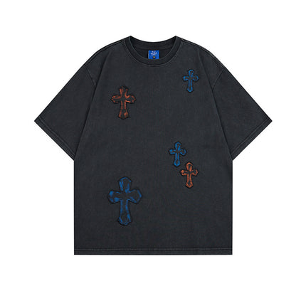 Washed Cross Applique Short Sleeve T-Shirt WN25439