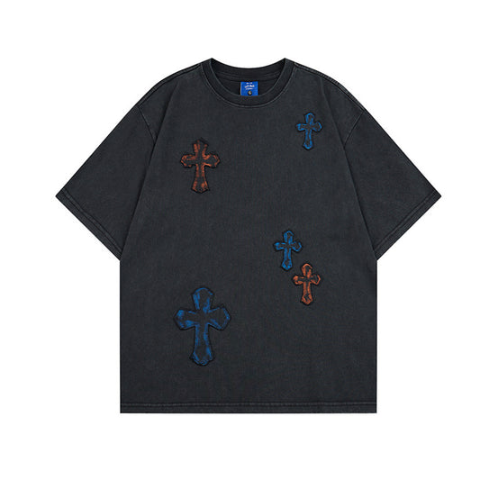 Washed Cross Applique Short Sleeve T-Shirt WN25439