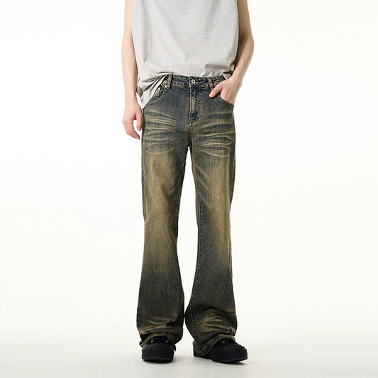 Yellow Mud Dyed Wide-Leg Straight Denim Jeans WN7648