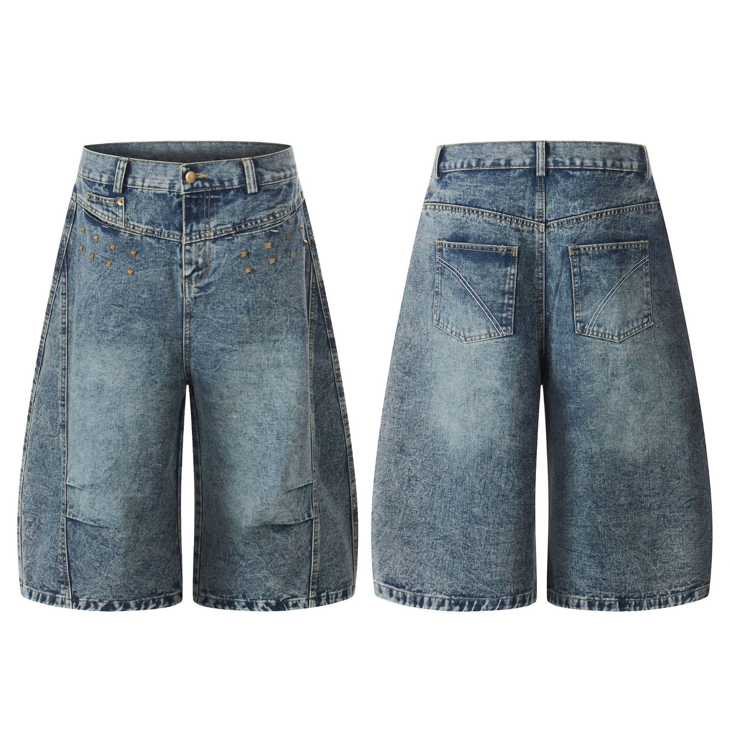 Washed Studs Panel Cropped Denim Half Jeans WN25766