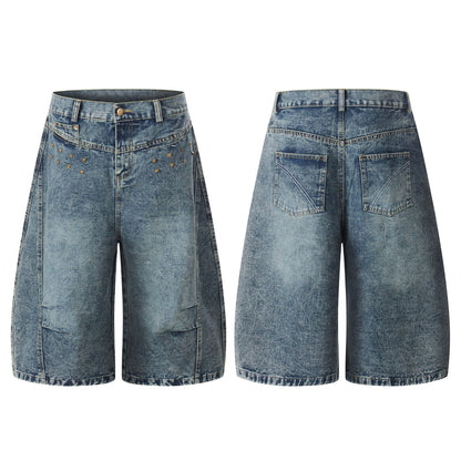 Washed Studs Panel Cropped Denim Half Jeans WN25766