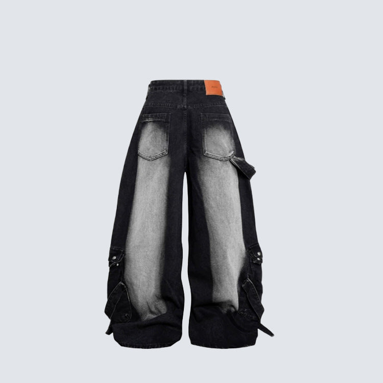 Bleached Cargo Pocket Wide Leg Denim Jeans WN27998