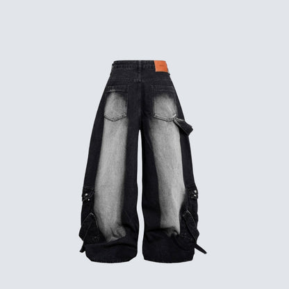Bleached Cargo Pocket Wide Leg Denim Jeans WN27998