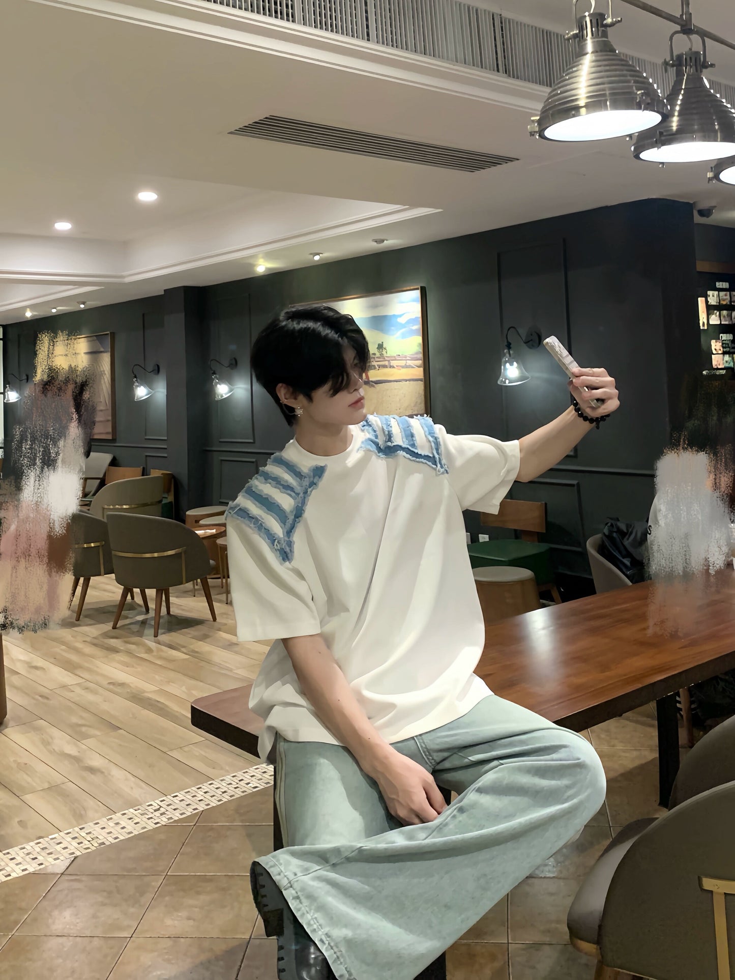 Denim Stripe Patchwork Short Sleeve T-Shirt WN19801