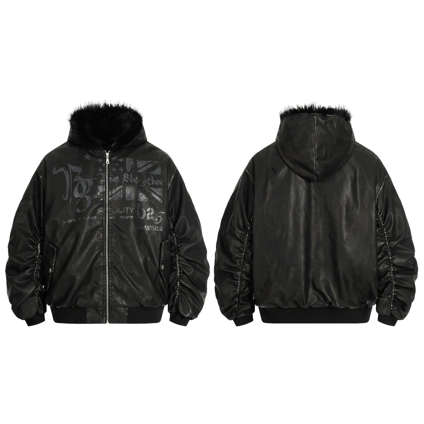 Graphic Print Fake Fur Collar PU Leather Zipper Jacket WN21888