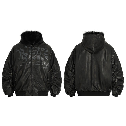 Graphic Print Fake Fur Collar PU Leather Zipper Jacket WN21888