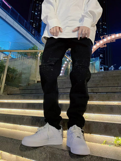 Rhinestone Damage Straight Denim Jeans WN20693